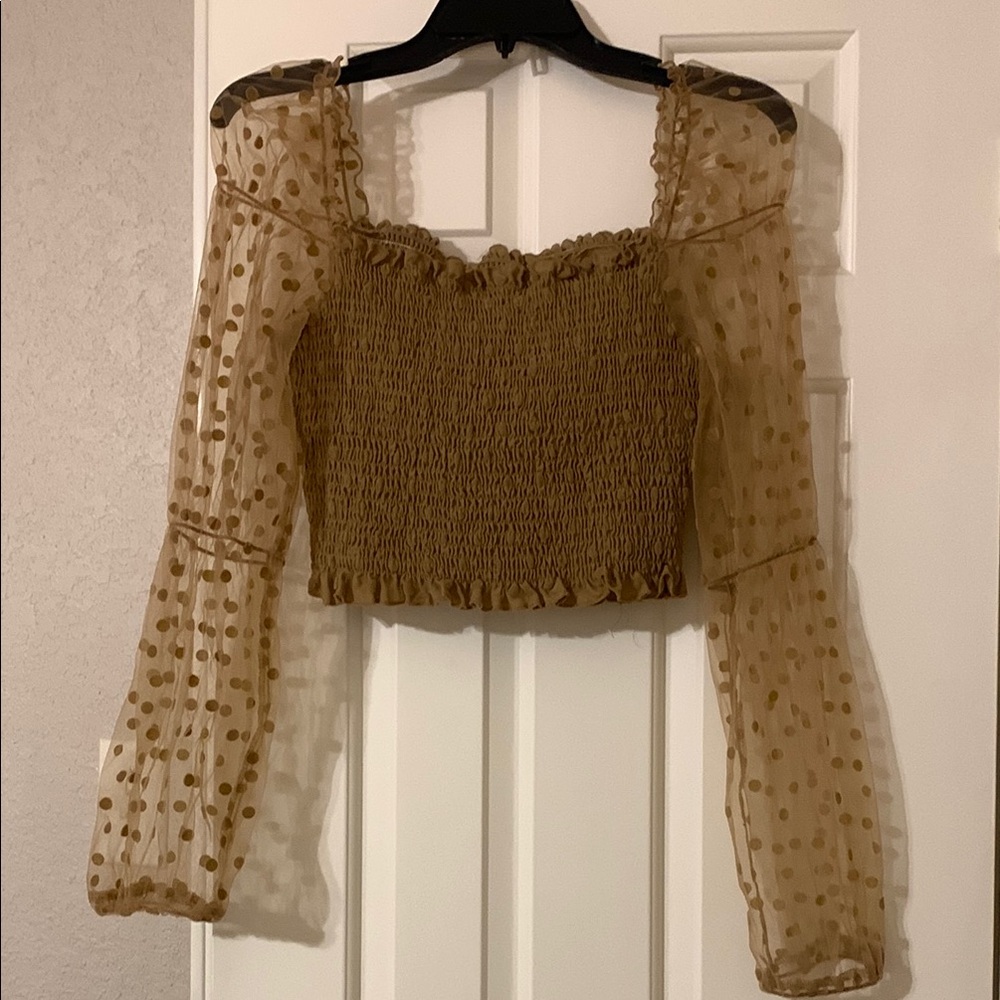 SHEIN Brown Smocked Crop Blouse with Sheer Sleeves
